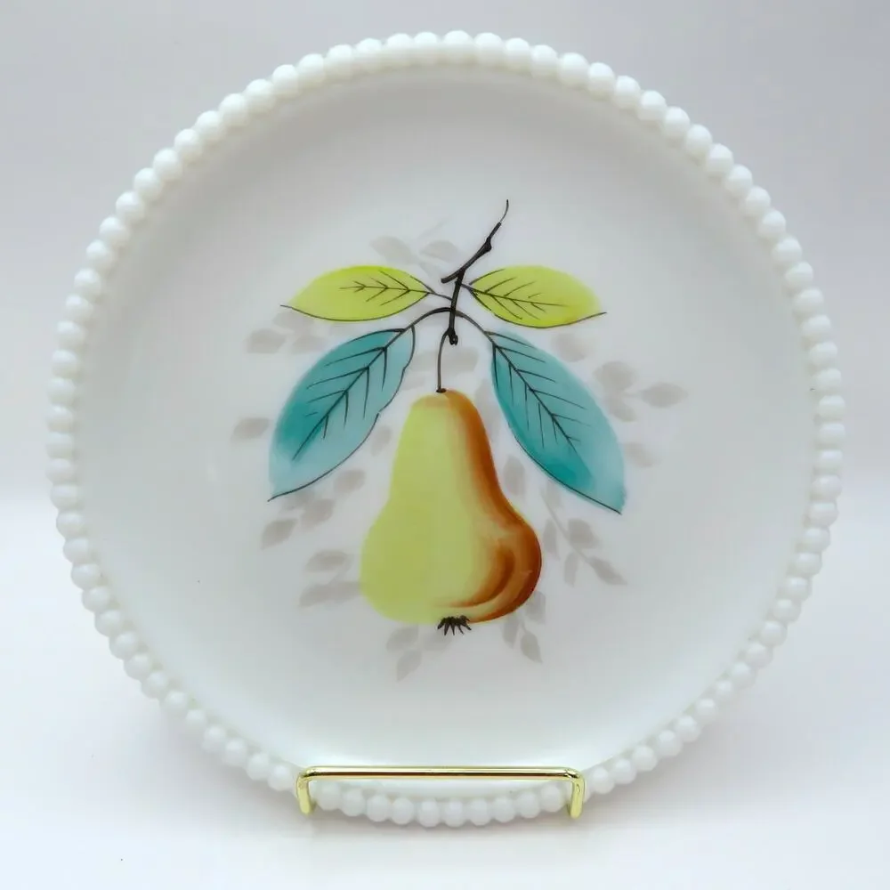 Vintage Milk Glass Decorative Dessert Plate Pear Design Beaded Rim 7.5 Inch